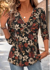 Multi Color Floral Print Patchwork Long Sleeve T Shirt