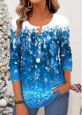 Christmas Blue Snowflake Print Tuck Stitch T Shirt