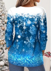 Christmas Blue Snowflake Print Tuck Stitch T Shirt 2