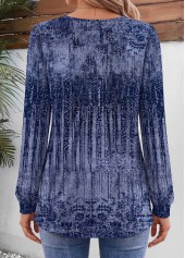 Blue Tribal Print Tuck Stitch Long Sleeve T Shirt 2