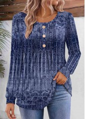 Blue Tribal Print Tuck Stitch Long Sleeve T Shirt