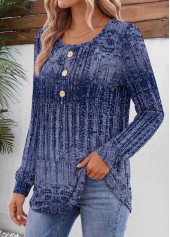 Blue Tribal Print Tuck Stitch Long Sleeve T Shirt 3