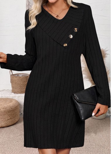women clothes image of Black Short Asymmetry Long Sleeve Asymmetrical Neck Dress