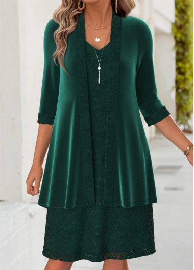 women clothes image of Blackish Green Patchwork Long Sleeve Dress and Cardigan