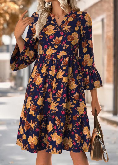 women clothes image of Navy Floral Print Shirred Long Sleeve Split Neck Dress