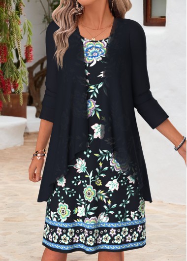 women clothes image of Black Floral Print Two-piece Bracelet Sleeve Dress and Cardigan