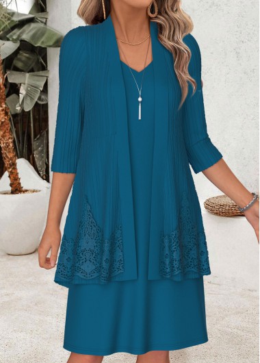 women clothes image of Peacock Blue Two-piece 3/4 Sleeve Dress and Cardigan