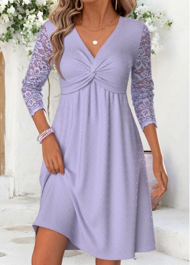 women clothes image of Light Purple Short Smocked Long Sleeve V Neck Dress