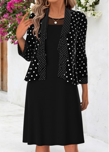 women clothes image of Black Polka Dot Tummy Coverage Dress and Cardigan