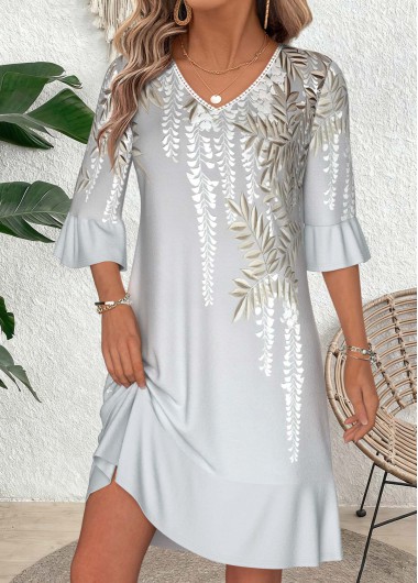 women clothes image of Light Grey Leaf Print Ruffle 3/4 Sleeve Dress
