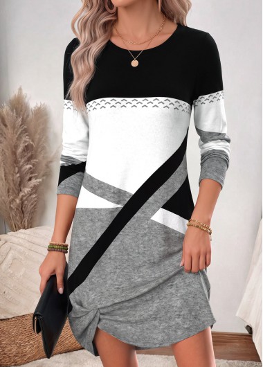 women clothes image of Multi Color Geometric Print Short Twist Long Sleeve Dress