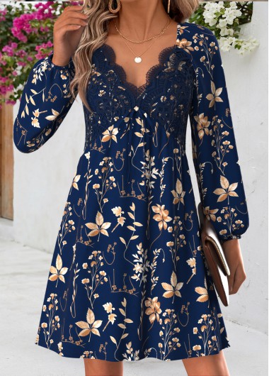 women clothes image of Dark Blue Floral Print Short Bowknot Long Sleeve Dress