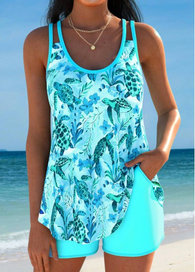 women clothes image of Curved Hem Light Blue Ocean Print Tankini Set