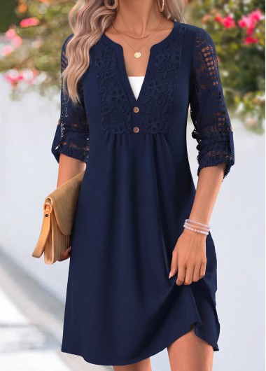 women clothes image of Navy Short Patchwork Long Sleeve Split Neck Dress