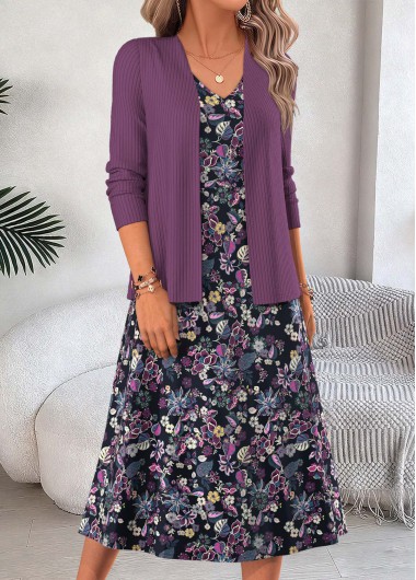 women clothes image of Dusty Purple Floral Print Two-piece Dress and Cardigan