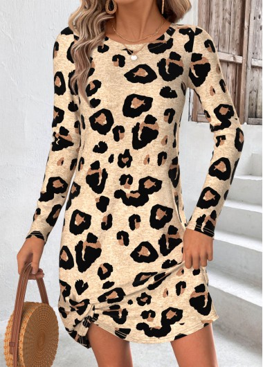 women clothes image of Light Camel Leopard Short Long Sleeve Round Neck Dress