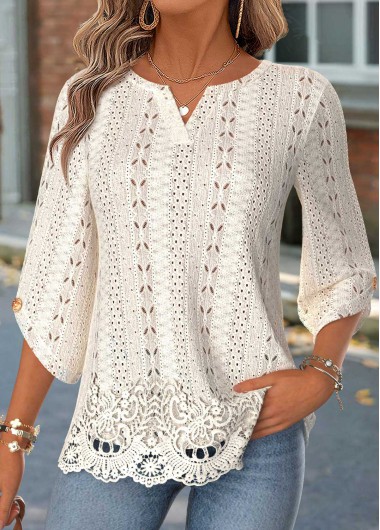 women clothes image of Beige Patchwork 3/4 Sleeve Split Neck Blouse