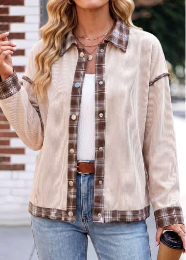 women clothes image of Beige Tummy Coverage Plaid Long Sleeve Coat