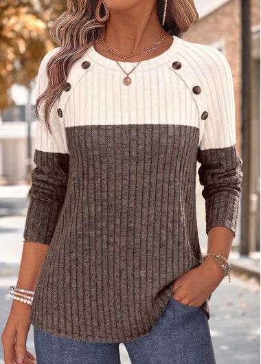 women clothes image of Light Coffee Patchwork Long Sleeve Round Neck T Shirt