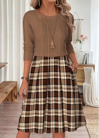 women clothes image of Light Coffee Plaid Patchwork Long Sleeve Round Neck Dress