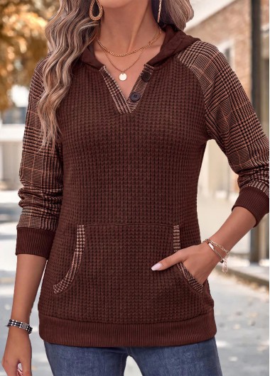 women clothes image of Dark Coffee Kangaroo Pocket Long Sleeve Hoodie