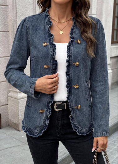 women clothes image of Blue Double Side Pockets Long Sleeve Coat