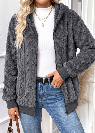 women clothes image of Dark Grey Tummy Coverage Long Sleeve Hooded Coat
