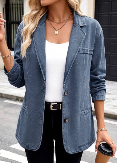 women clothes image of Light Blue Faux Pocket Long Sleeve Lapel Coat