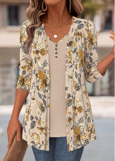 women clothes image of Light Camel Floral Print Fake Two Piece Twinset