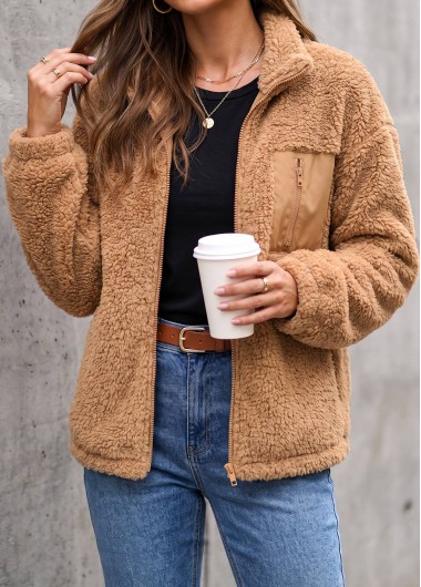 women clothes image of Dark Coffee Single Chest Pocket Long Sleeve Coat