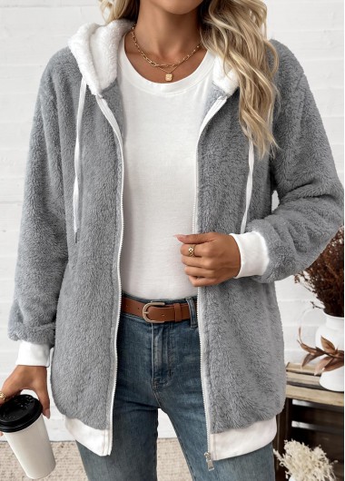 women clothes image of Light Grey Lace Up Long Sleeve Hooded Coat