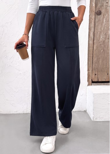 women clothes image of Navy Wide Leg Elastic Waist High Waisted Pants
