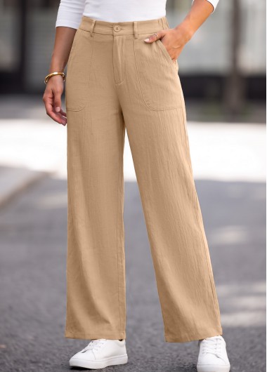 women clothes image of Light Camel Straight Leg Button Fly High Waisted Pants