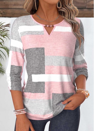 women clothes image of Pink Geometric Print Shirred Bracelet Sleeve Blouse