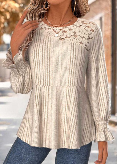 women clothes image of Beige Patchwork Long Sleeve Round Neck Blouse