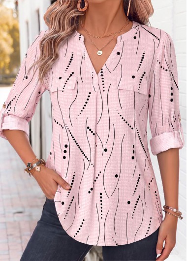 women clothes image of Light Pink Geometric Print Faux Pocket Long Sleeve Blouse