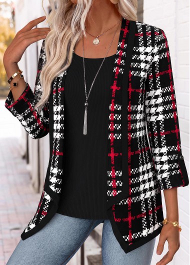 women clothes image of Black Plaid Long Sleeve Fake Two Piece Twinset