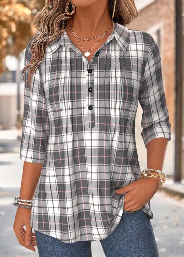 women clothes image of Grey Plaid Tuck Stitch Long Sleeve Shirt Collar Blouse