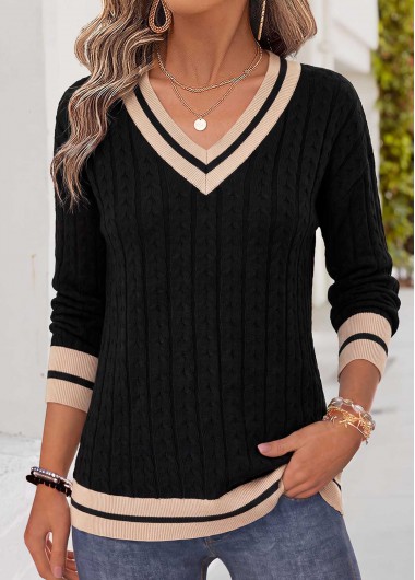 women clothes image of Black Tummy Coverage Long Sleeve V Neck T Shirt