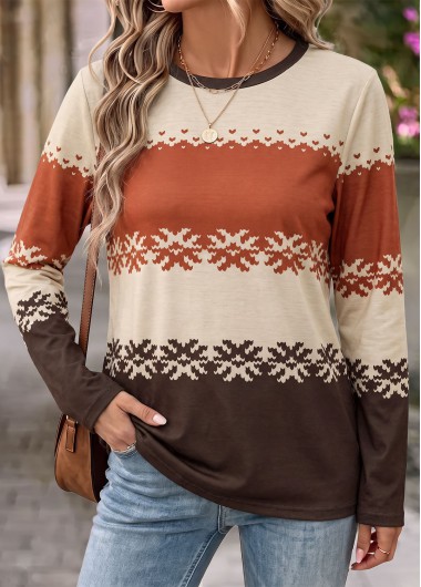 women clothes image of Light Coffee Geometric Print Long Sleeve T Shirt