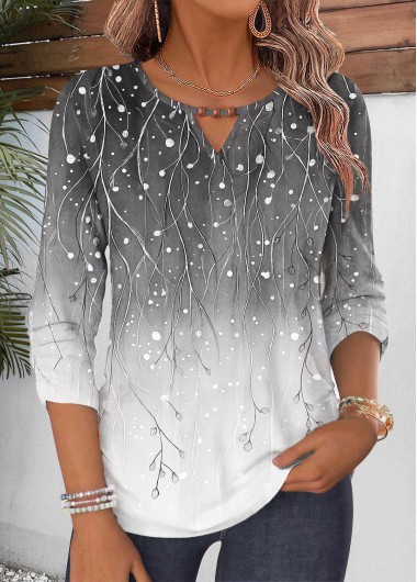 women clothes image of Grey Leaf Print Shirred 3/4 Sleeve Blouse