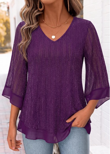 women clothes image of Purple Curved Hem 3/4 Sleeve V Neck Shirt