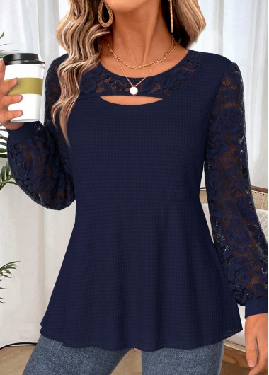women clothes image of Navy Layered Long Sleeve Round Neck T Shirt