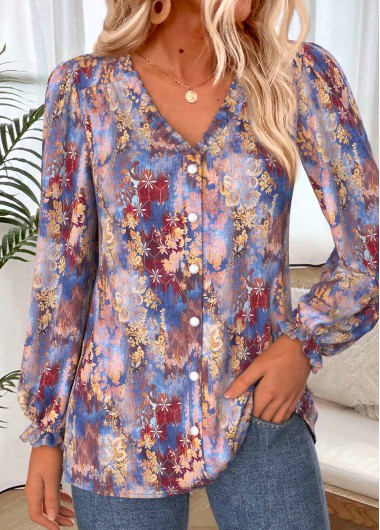 women clothes image of Multi Color Floral Print Frill Long Sleeve Blouse