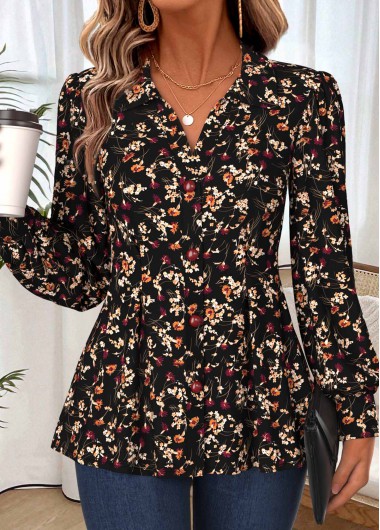 women clothes image of Black Floral Print Button Long Sleeve Shirt