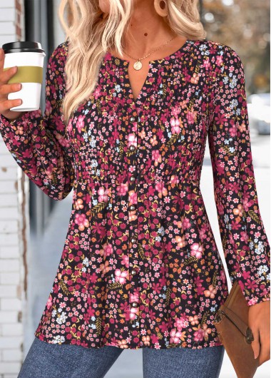 women clothes image of Multi Color Floral Print Smocked Long Sleeve Blouse