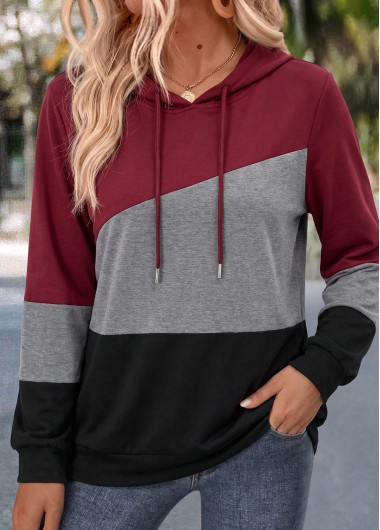 women clothes image of Wine Red Tummy Coverage Long Sleeve V Neck Hoodie