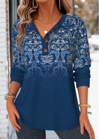 women clothes image of Blue Tribal Print Tummy Coverage Long Sleeve Sweatshirt