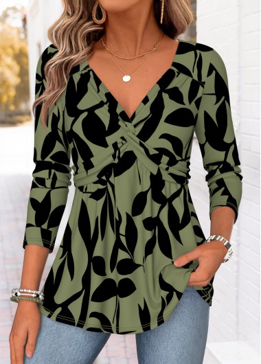 women clothes image of Green Leaf Print Twist Long Sleeve T Shirt