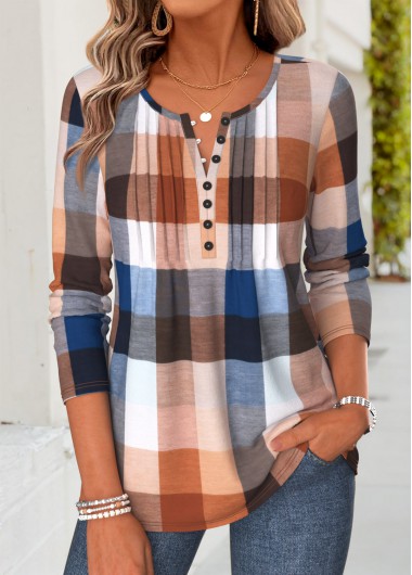 women clothes image of Multi Color Plaid Tuck Stitch Long Sleeve T Shirt